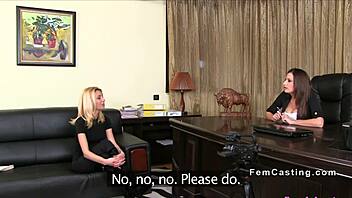 Wow! Small-Tits Blonde Licks Huge-Tits Agent in Office Action!