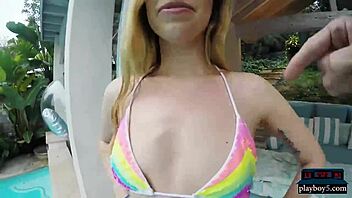 Amateur girlfriends get fucked hard on camera poolside
