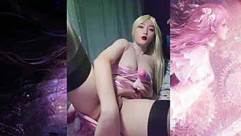 Shemale in Glitter Pink Tube Top Masturbates Big Dick