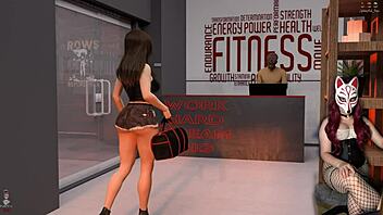 Cartoonish public gym scene with naked college babes
