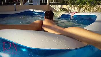 Close-up POV of Regina's outdoor poolside erotic masturbation session
