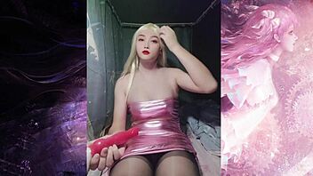 Shemale in Glitter Pink Tube Top Masturbates Big Dick