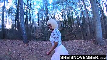 Ebony Stepdaughter MsNovember Cheats, Spread and Fucked Missionary in Forest Grass