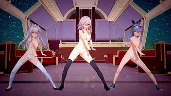 honkai star rail clara, march 7th, and silverwolf in hentai mmd animation