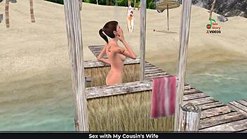 Cute Girl's Sexy Poses On Beach And Shower In 3D Cartoon