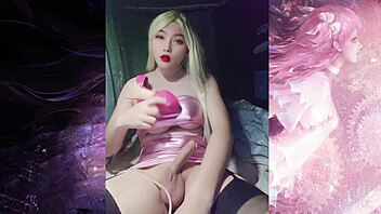 Shemale in Glitter Pink Tube Top Masturbates Big Dick