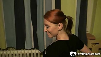 beautiful chick explores her shaved pussy at home