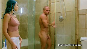 Blue haired masseuse pleases oily big white dick!