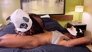 Enjoying a happy Halloween with ebony friends in a full video