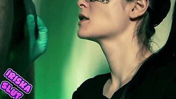 hot girl in mask, 'give me that cum in my mouth'