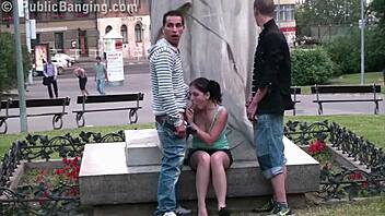 Young cute teen 18+ joins public street threesome by famous statue