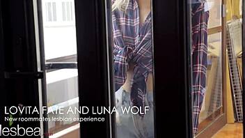 Skinny blonde gets scissored by hot roommate in dorm