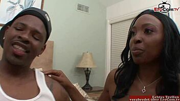 In this ebony threesome, two skinny black sluts pleasure a big black cock with cum in mouth.