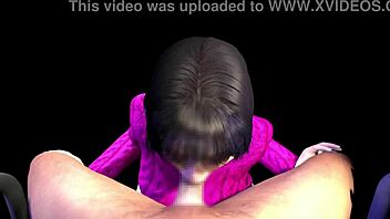 3D anime sister gives clothed blowjob.