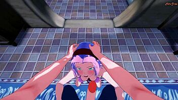 Sakura, you swallow my cum then get pov fucked doggystyle against the wall