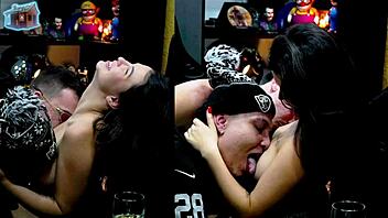 Ruan and everton suck natasha steffens' natural tits in public.