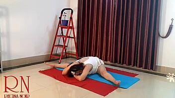Housewife in white panties doing yoga in the gym