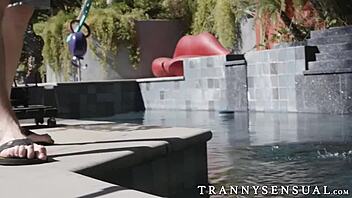 Natalie Mars, sensual shemale, lures big dick pool guy into steamy anal play. Things heat up fast!