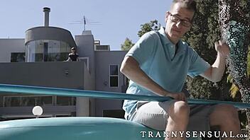 Natalie Mars, sensual shemale, lures big dick pool guy into steamy anal play. Things heat up fast!