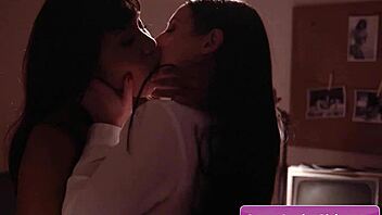 Sexy big tit lesbian milfs Angela White and Jenna Foxx licking and fingering in office.