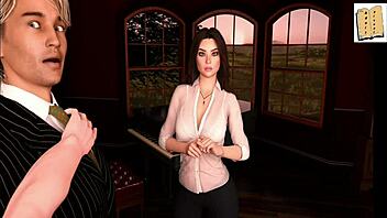 Isabella kisses passionately in the library. Her big tits pressed against him.