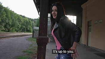 Public Agent Mia Trejsi Drills Her Shaved Pussy with a Dildo on a Train for Cash