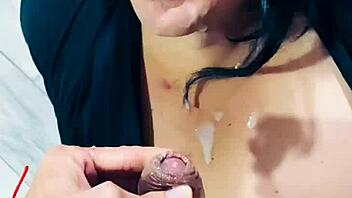 giving a nice blowjob to a big dick with some extra fun involved like buttplug and curvy brunette