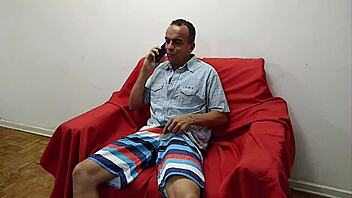 Petter dog fucks Sheila on sofa in crossdressing, she loves it and cums hard