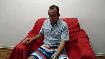 Petter dog fucks Sheila on sofa in crossdressing, she loves it and cums hard