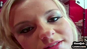 Hey, blonde babe gives handjob and titty fuck up close, talking dirty! 😏