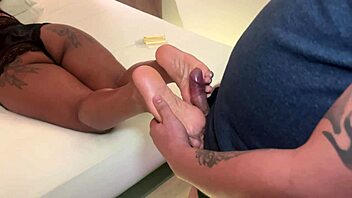 Participant 2 receives cumshots on big tits in homemade fetish session.