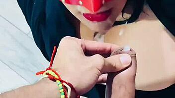 giving a nice blowjob to a big dick with some extra fun involved like buttplug and curvy brunette