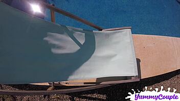 Party cutie enjoys pool fun with milf couple and handjob.