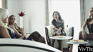 elegant wine night turned into steamy lesbian ass licking. classy babes in lingerie got wild.