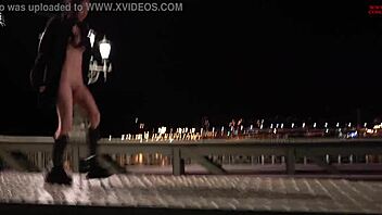 Risky lesbian sex in public on a bridge between passersby.