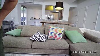 Petite chestnut-haired girl blows and fucks a huge dick in group scene with choking.