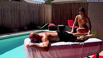 Petite brunette gets stepdad's stress rubbed out by her