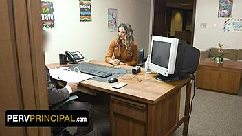 Hey, Perv Principal Spanks And Licks Pussy In Office