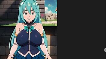 Aqua says 'creampie me standing' in Konosuba H Game