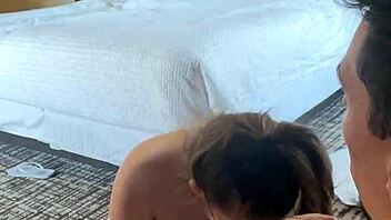 I watch the huge tit brunette take my huge cock deep