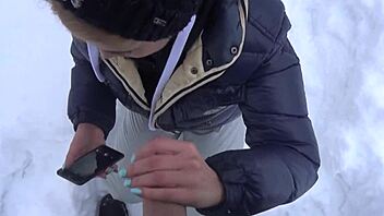 The Hot Student Sucks The Professor's Big Dick After The Ski Lesson. She Also Fingers Her Ass And Masturbates Outdoors