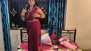 Dirty talking husband and bodybuilder fuck Indian housewife in red saree
