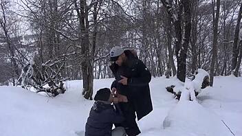A hot student gives a hand job and blow job to her professor after a ski lesson