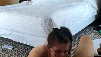 I watch the huge tit brunette take my huge cock deep