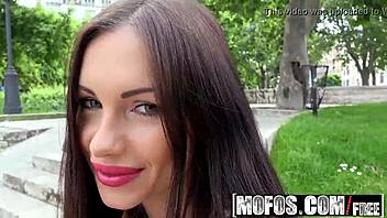Russian brunette Sasha Rose bangs outdoors in public