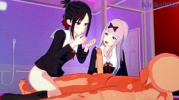 kaguya and chika, ready for old man's creampie in 3p? intense hentai action