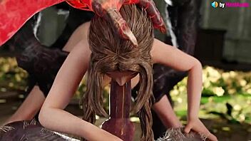 Aerith deepthroats and takes anal from two werewolves