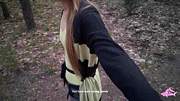 Beautiful college student with great body gets hot and steamy in the woods