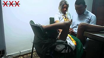 Teacher enjoys office time with two college girls