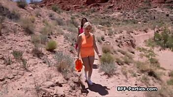 hiker girlfriends in spandex share the rescuer's dick in hardcore foursome